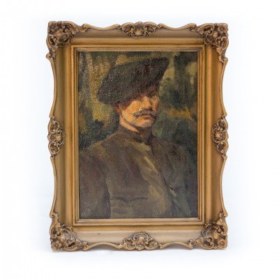 Portret mężczyzny w berecie, olej na desce, Pocz. XX wiek